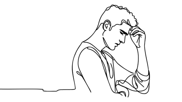 Continuous line drawings of man feeling sad, tired and worried about suffering from depression in mental health. problems, failures and concepts of heartbreak isolated on white background.