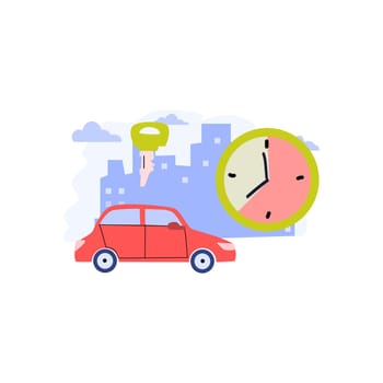 rent automobile vehicle and carsharing concept. Vector illustration isolated. Clock show using time for rent automobile. Car sharing concept.