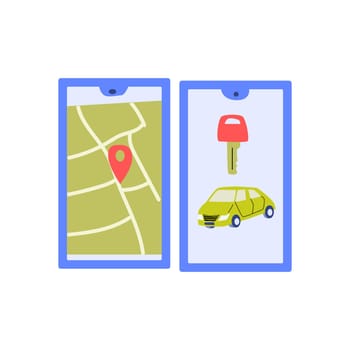 mobille app with map location mark and automobile vehicle with electronic key. Vector illustration can using for banner, concept car sharing background.