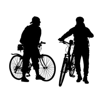 Two man stand opposite each other. Male cyclist and hiking men meeting. Stock vector illustration