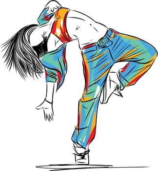 Dancer perform hiphop. Performer in freestyle street dance. Young woman jumping in hip hop pose. Modern, contemporary movements for urban party.