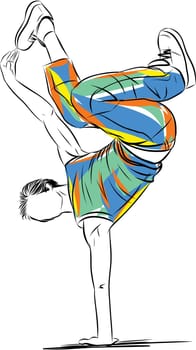 Man dancer do hip hop breakdance hand stand vector illustration. Dancer perform hiphop. Performer in freestyle street dance. Modern, contemporary movements for urban party.