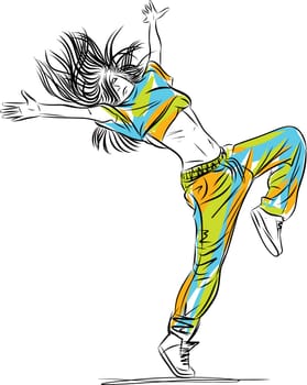 Dancer perform hiphop. Performer in freestyle street dance. Young woman jumping in hip hop pose. Modern, contemporary movements for urban party.
