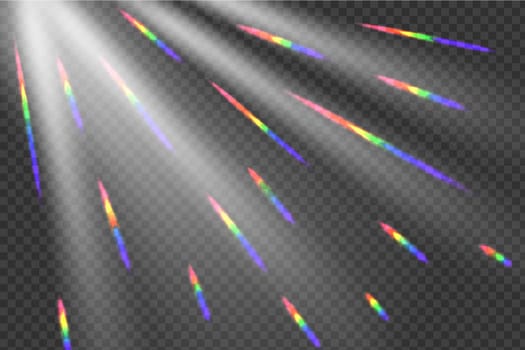 Rainbow angle prism rainbow light. Sun rays overlay effect. Stock vector illustration in realistic style on transparent background.