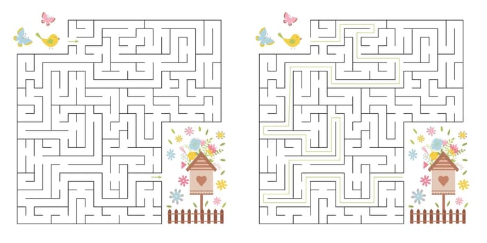 Labyrinth - Puzzle For Kids Helps Little Bird Find Its Way To Birdhouse