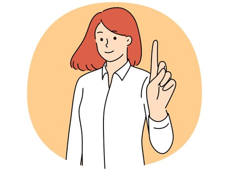 Smiling young woman point finger up generate business idea. Happy businesswoman show upward at good deal or promotion. Vector illustration.
