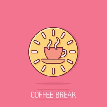 Coffee break icon in comic style. Clock with tea cup cartoon vector illustration on isolated background. Breakfast time splash effect business concept.