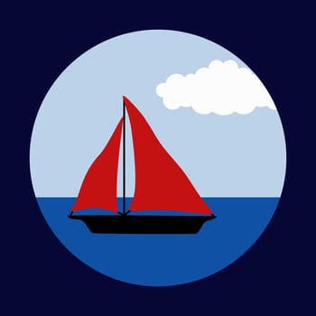 A sailboat sails in a round square frame vector illustration in a minimalistic style