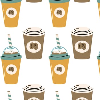 Coffee beverage seamless pattern in different cups. Vector illustration can used for kitchen textile, wrapping paper, cafe wallpaper, poster.