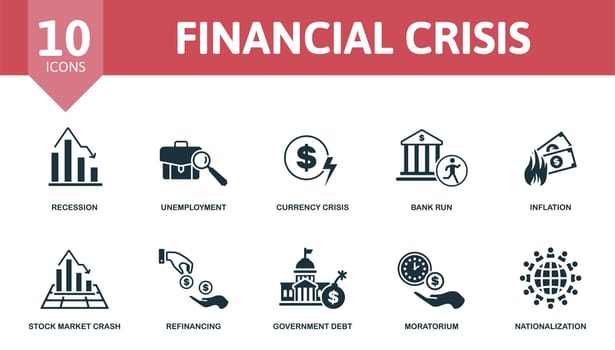 Financial Crisis set icon. Contains financial crisis illustrations such as unemployment, bank run, stock market crash and more