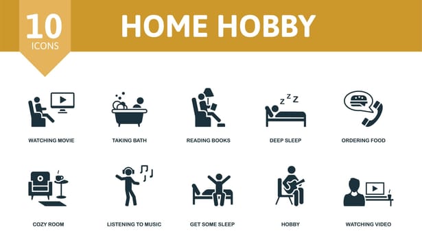 Home Hobby set icon. Editable icons home hobby theme such as watching movie, reading books, ordering food and more