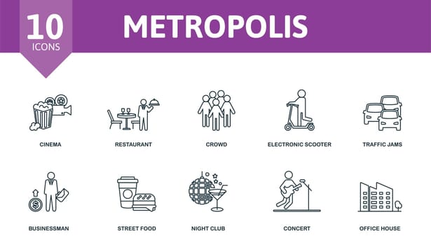Metropolis set icon. Editable icons metropolis theme such as cinema, crowd, traffic jams and more