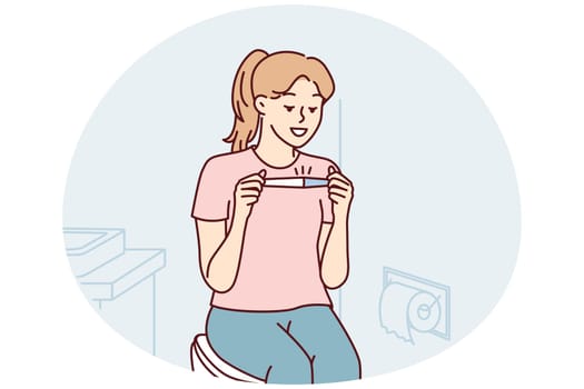Positive woman happily looking at pregnancy test result. Casual girl sitting in toilet is relieved to learn about imminent birth of child or absence of signs of pregnancy. Flat vector illustration