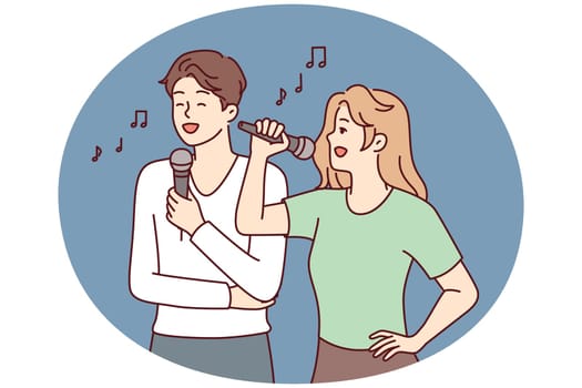 Man and woman with microphones perform song while enjoying karaoke break on day off. Couple of guy and girl dream of becoming famous singers, train performance of famous songs. Flat vector image