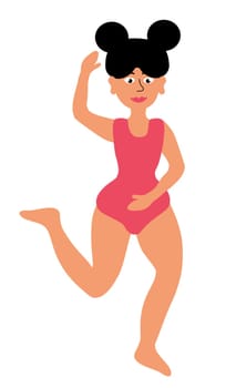 Body positive concept. Plus size Woman standing in pose yoga. Girl in pink swimsuit. Cartoon flat vector illustration.