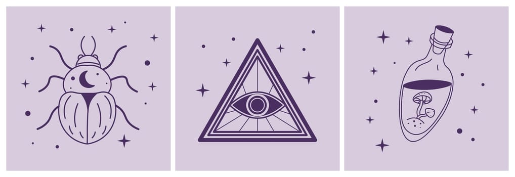 Masonic and witch symbols. Concept of combination of illuminati and magic. Scarab beetle decorated with waning moon, eye of providence in triangle and corked bottle of potion. Vector in flat style