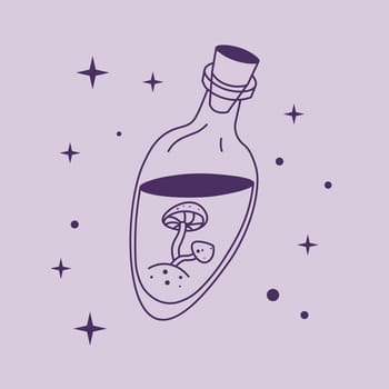 Bottle with magic elixir or poison with mushrooms. Occult symbol. Magical substance. Witchcraft container with drinks. Can of poisonous beverage. Flask with mystic liquid. Vector in flat style