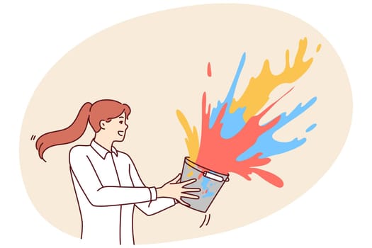 Creative woman splashes multicolored liquid paint from bucket wishing to make world brighter. Concept individuality and desire to share non-standard ideas with others. Flat vector illustration