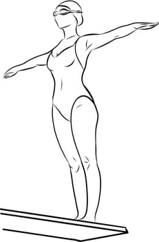 Illustration of woman swimmer with goggle and swimming hat ready to jump from starting block