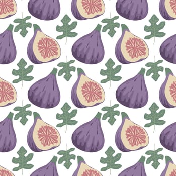 Ripe fig fruits seamless pattern. Background with purple whole figs, halves and leaves. Hand drawn fruity summer print. Healthy organic food ornament for textile, paper, packaging and design, vector illustration