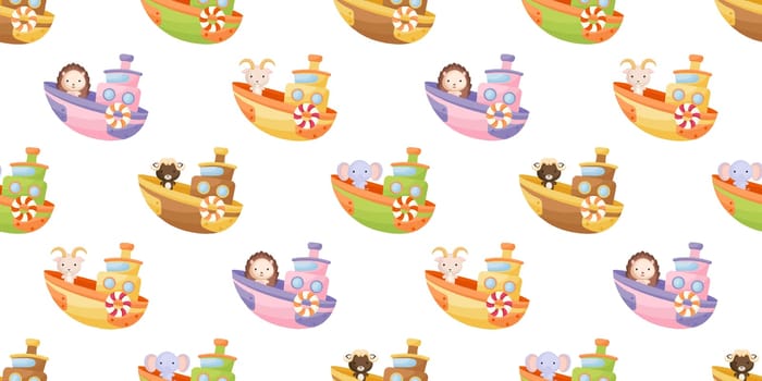 Cute little animals on boat seamless childish pattern. Funny cartoon animal character for fabric, wrapping, textile, wallpaper, apparel. Vector illustration.