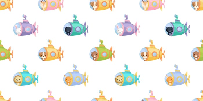 Cute little animals on submarine seamless childish pattern. Funny cartoon animal character for fabric, wrapping, textile, wallpaper, apparel. Vector illustration.