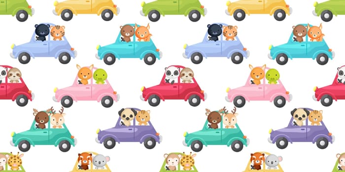 Cute little animals driven car seamless childish pattern. Funny cartoon animal character for fabric, wrapping, textile, wallpaper, apparel. Vector illustration.