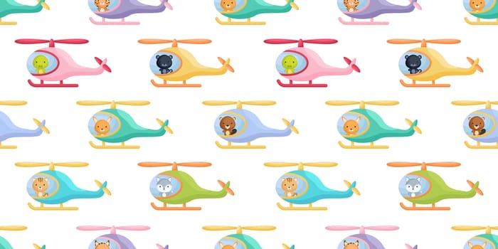 Cute little animals fly on helicopter seamless childish pattern. Funny cartoon animal character for fabric, wrapping, textile, wallpaper, apparel. Vector illustration.
