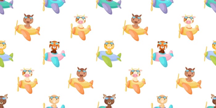 Cute little animals fly on plane seamless childish pattern. Funny cartoon animal character for fabric, wrapping, textile, wallpaper, apparel. Vector illustration.