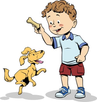 Color Vector illustration of a Little Boy Playing with a Dog and a Bone.