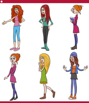 Cartoon illustration of funny young women characters caricature set
