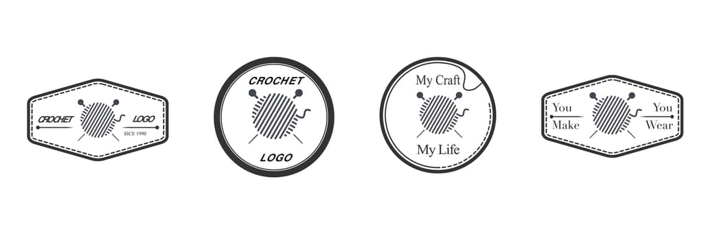 Set crochet logo with yarn ball knitting vector illustration silhouette isolated. Vector . Vector illustration