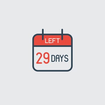 Countdown daily page calendar icon 29 days left. Number day to go. Agenda app, business deadline, date. Reminder, schedule simple pictogram.