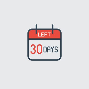 Countdown daily page calendar icon 30 days left. Number day to go. Agenda app, business deadline, date. Reminder, schedule simple pictogram.