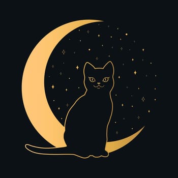 Black cat sitting on a crescent. Magic and sorcery background. Vector illustration
