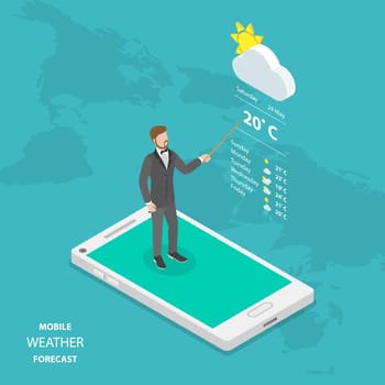 Weather forecast online flat isometric vector concept. Weatherman is standing on the smartphone reporting about the weather.