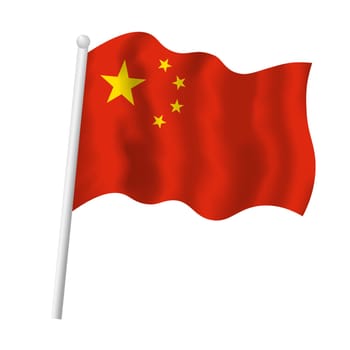 China flag on flagpole waving in wind. Vector isolated illustration of Chinese flag yellow stars red background. People's Republic of China symbol.