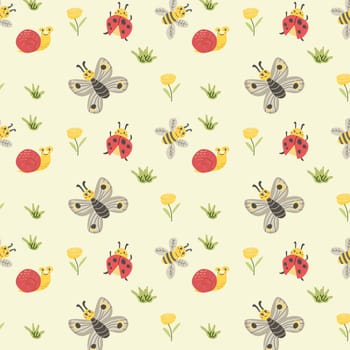 Cute butterfly and ladybug summer pattern. Vector illustration On yellow background.