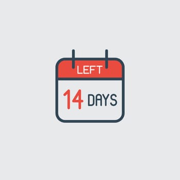 Countdown daily page calendar icon 14 days left. Number day to go. Agenda app, business deadline, date. Reminder, schedule simple pictogram.