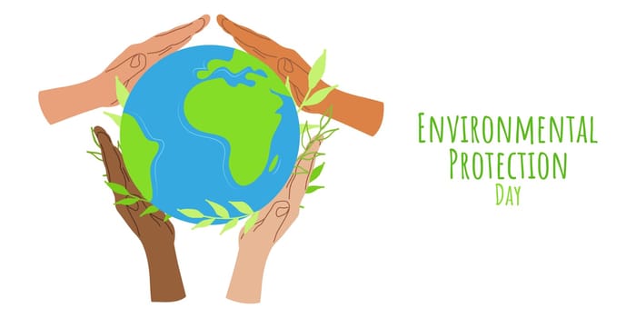 Environmental Protection Day Save the Planet Earth. Hands different people hold planet. Banner design. Vector illustration.