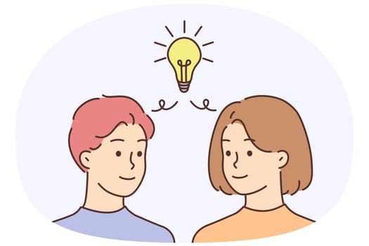 Man and woman with lightbulb above head generate business idea together. Employees team brainstorm develop problem solution. Teamwork. Vector illustration.