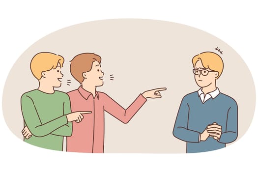 Smiling guys point at mate in glasses mocking or bullying him. Mad violent males laugh at stressed boy in eyewear. School mockery and discrimination. Vector illustration.