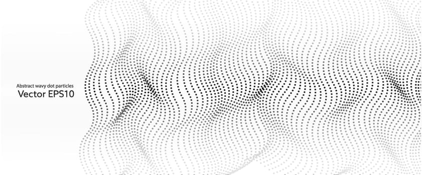 Flowing dots particles wave pattern 3D curve halftone black gradient curve shape isolated on white background. Vector illustration