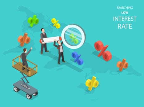 Searching low interest rate flat isometric vector. Business men using magnifying glass are searching capable locations in the Earth map for with lowest rates.