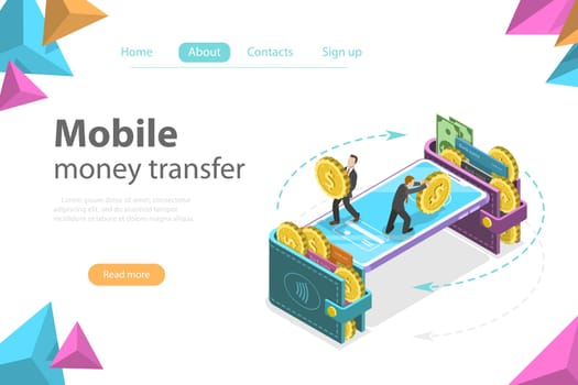Isometric flat vector concept of mobile wallet, money transfer, online banking, financial transaction.