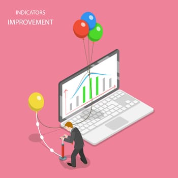Isometric flat vector concept of indicators improvement, increasing efficiency, financial growth.