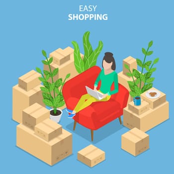 Flat isometric vector concept of easy shopping, e-commerce, online store, mobile payment, fast delivery,