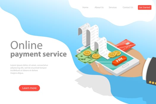 Flat isometric vector landing page template of online payment service, shopping, e-commerce, mobile store.