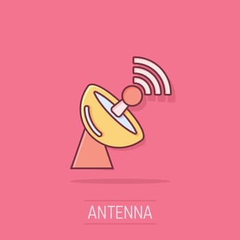 Satellite antenna tower icon in comic style. Broadcasting cartoon
vector illustration on isolated background. Radar splash effect business concept.