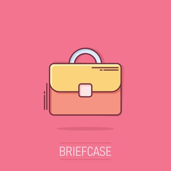 Briefcase icon in comic style. Businessman bag cartoon vector illustration on isolated background. Portfolio splash effect business concept.